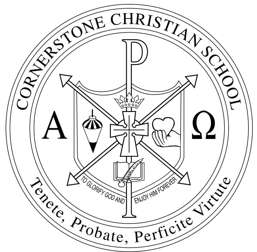 Cornerstone Christian School Crest with latin tenets, Probate, Perficite Virtute